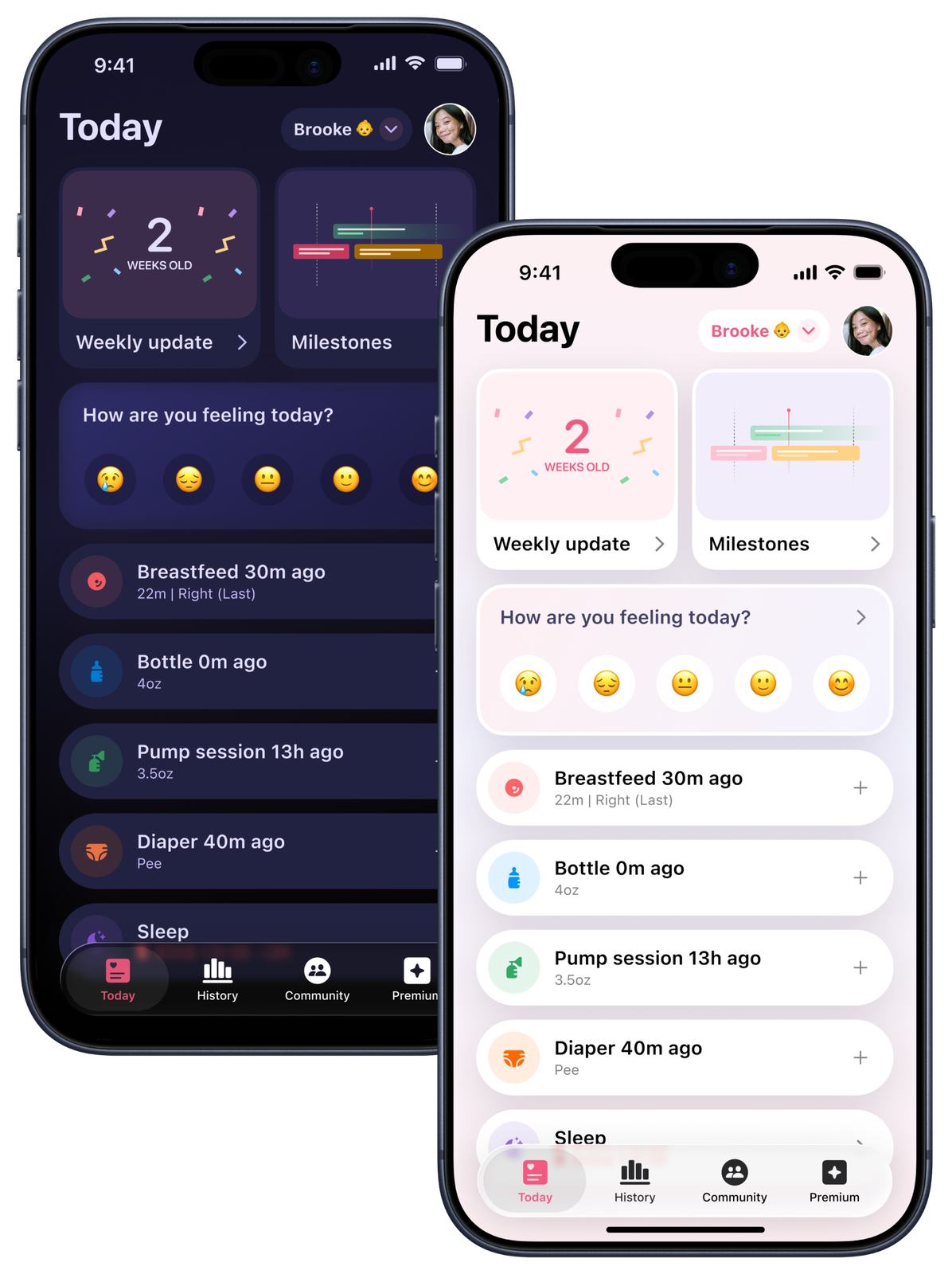 The Pregnancy+ parenting Today screen, in light and dark